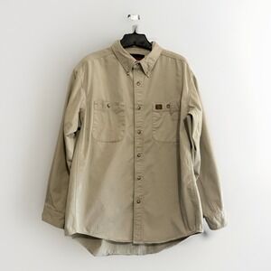 Riggs Wrangler Mens XL Tan Khaki Pockets Long Sleeve Button Down Shirt Work Wear